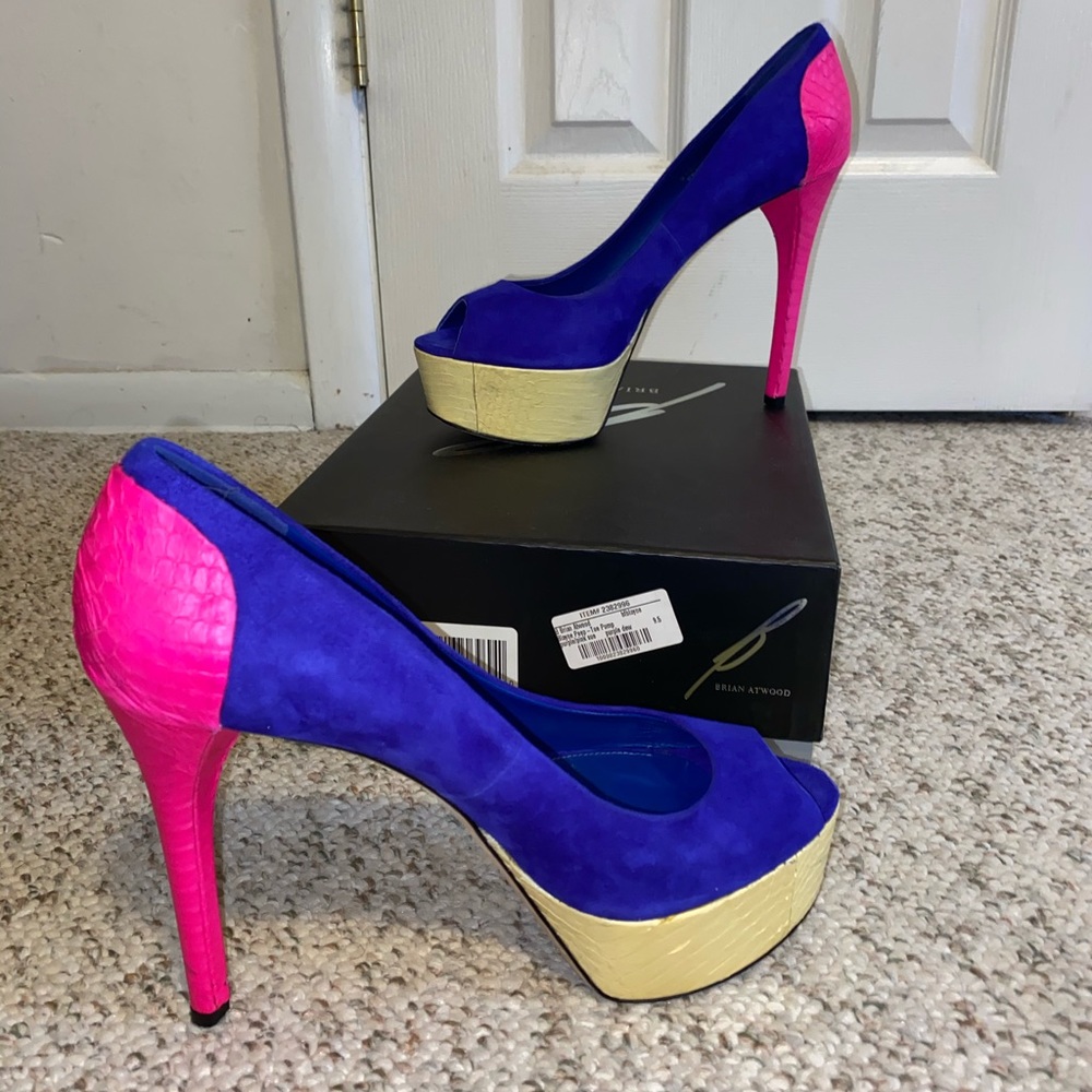 Brian atwood blayne Colorblock suede Peeptoe heels
